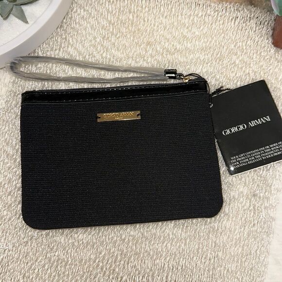 Giorgio Armani Beauty Small Black Leather Trim Soft Cord Knit Ribbed Wristlet - Picture 1 of 9